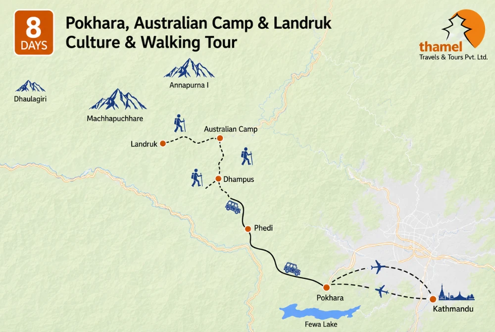 Nepal Trekking Holiday -8 Days Culture & Walking Tour map