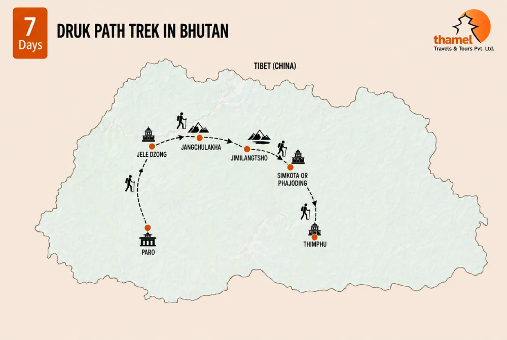 Druk Path Trek Bhutan - 7 Days map