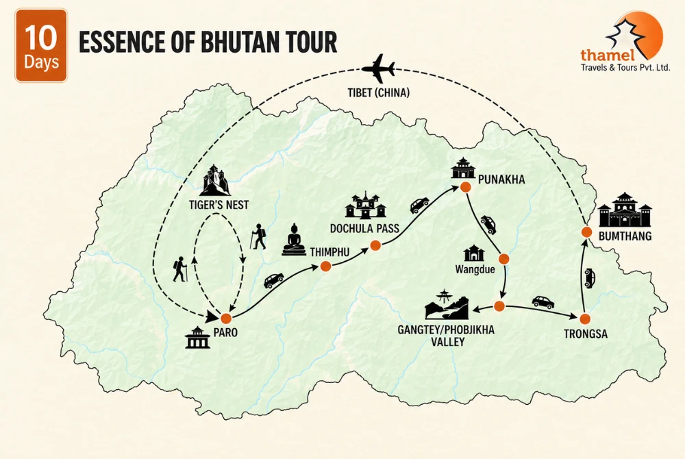 Essence of Bhutan Tour - A 10-day Journey from Paro to Bumthang map