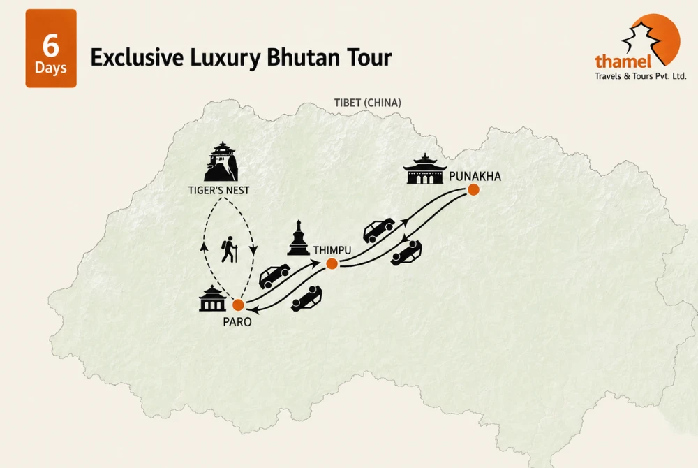 Short & Exclusive Luxury Bhutan Tour - 6 Days map