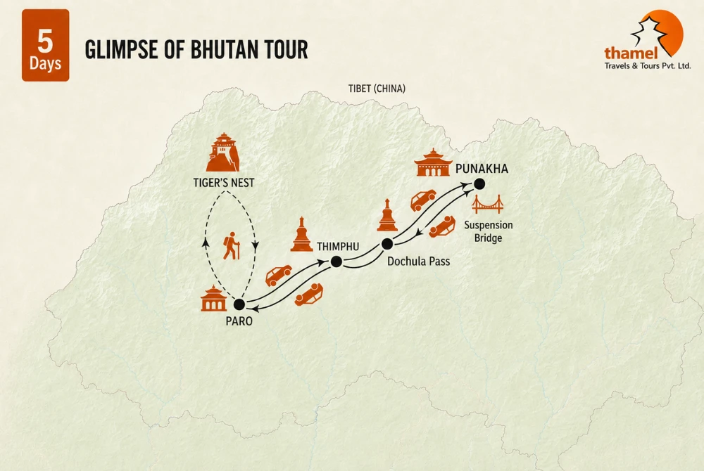 Glimpse of Bhutan Tour - 5 Days map