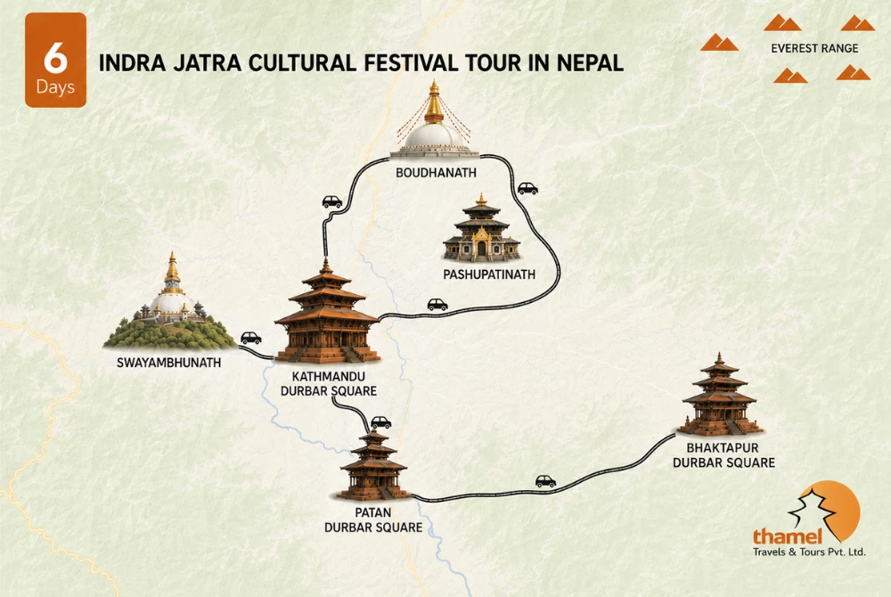 Indra Jatra Cultural Festival Tour in Nepal map