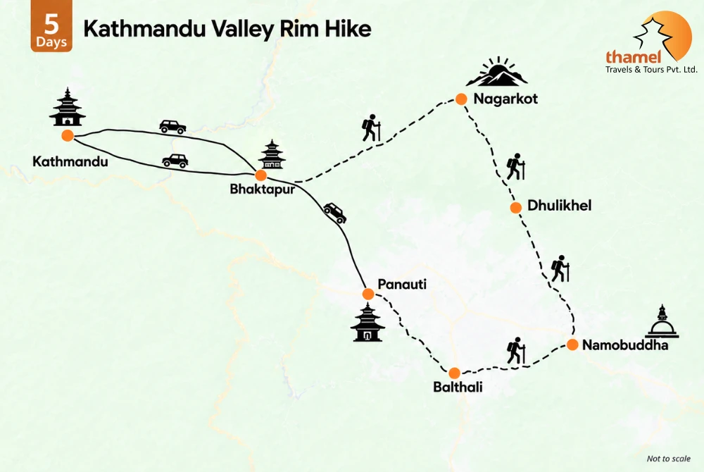Balthali-Namobuddha-Dhulikhel-Nagarkot Hiking - 5 Days map