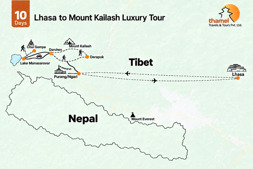 Lhasa to Mount Kailash Luxury Tour map