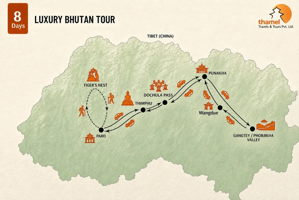 Bhutan in Style - 8 Days of Cultural and Experiential Premium Tour map