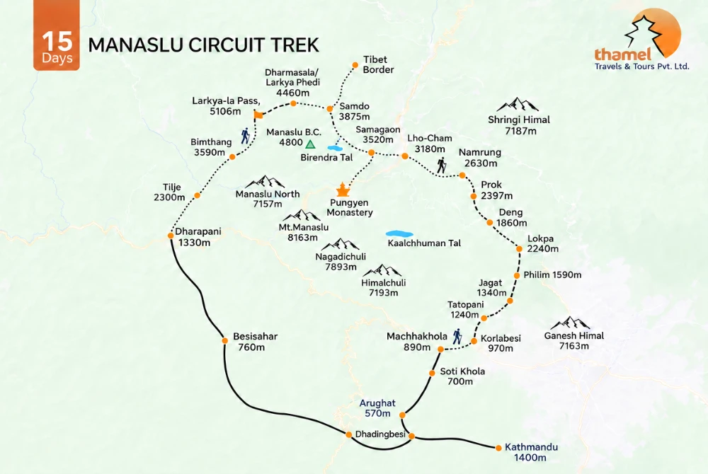 Manaslu Circuit Trek – Premium 15 days Adventure map