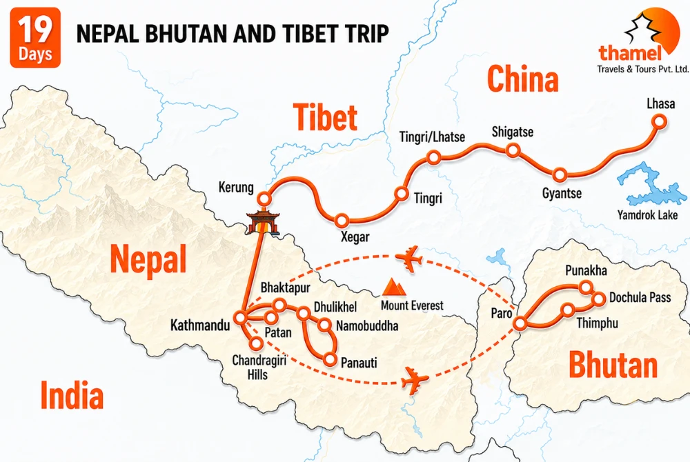Beauty of the Himalayas: 19 Days Nepal Bhutan and Tibet Trip map