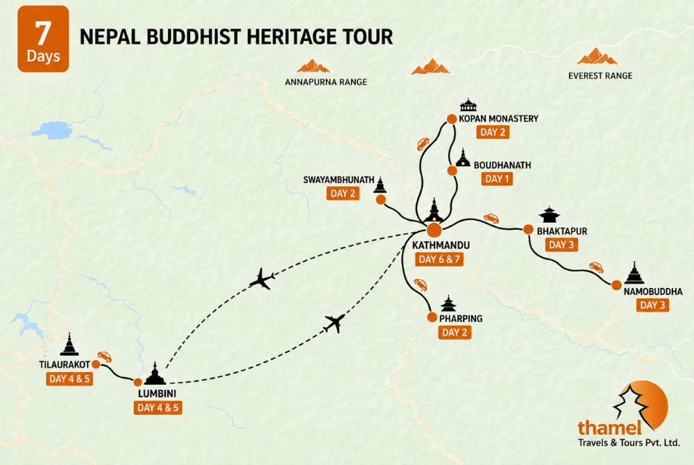 Nepal Buddhist Heritage Tour | Kathmandu, Namobuddha & Lumbini map