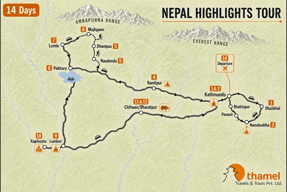 Nepal Highlights - 14 Days Real Nepal Tour map