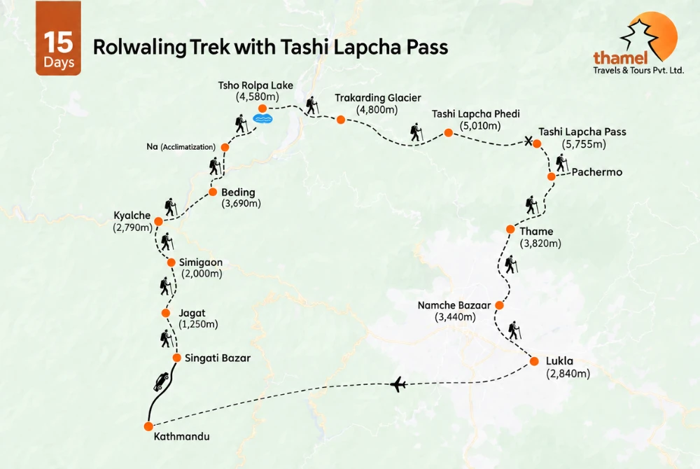Rolwaling Valley with Tashi Lapcha Pass Trek - 15 Days map