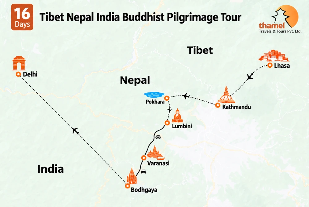 Lhasa - Nepal - North India Buddhist Pilgrimage Tour - 16 Days map