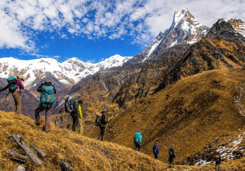 Trekkers walking on the Mardi Himal Trek trail with Machhapuchhre and Annapurna peaks in the background.