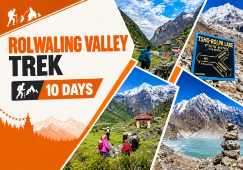 Trekkers on the Rolwaling Valley Trek crossing alpine terrain near Tsho Rolpa lake